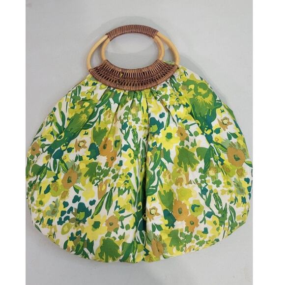 Boho Vintage Green & White Floral Purse Wooden Handles Hippie Retro Fun Handbag - Picture 1 of 6